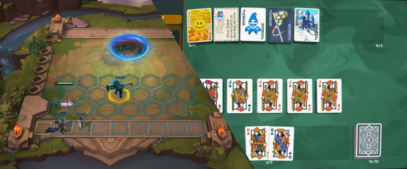 A composite screenshot of two games. On the left, Teamfight Tactics with a grid of characters. On the right, Balatro with several playing cards and jokers.