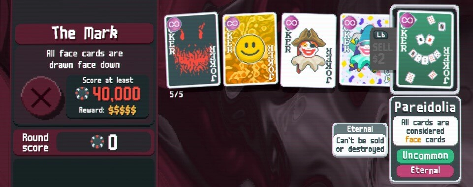 Screenshot of Balatro. The joker card Pareidolia is hovered, showing the text: All cards are considered face cards. The boss blind is The Mark: All face cards are drawn face down.