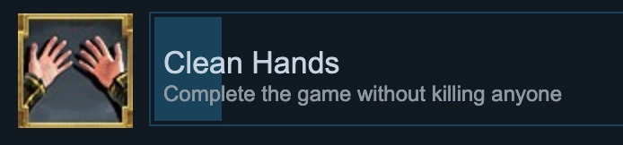 Screenshot of the Clean Hands trophy: complete the game without killing anyone.